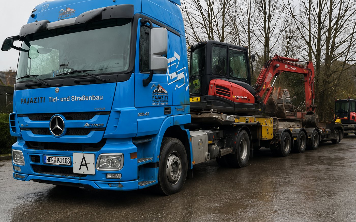 Pajaziti LKW mit Tieflader und Baumaschinen